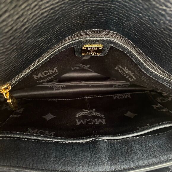 MCM Black Pebbled Leather Logo Charm Studded Convertible Chain Strap Flap Bag - Picture 8 of 16